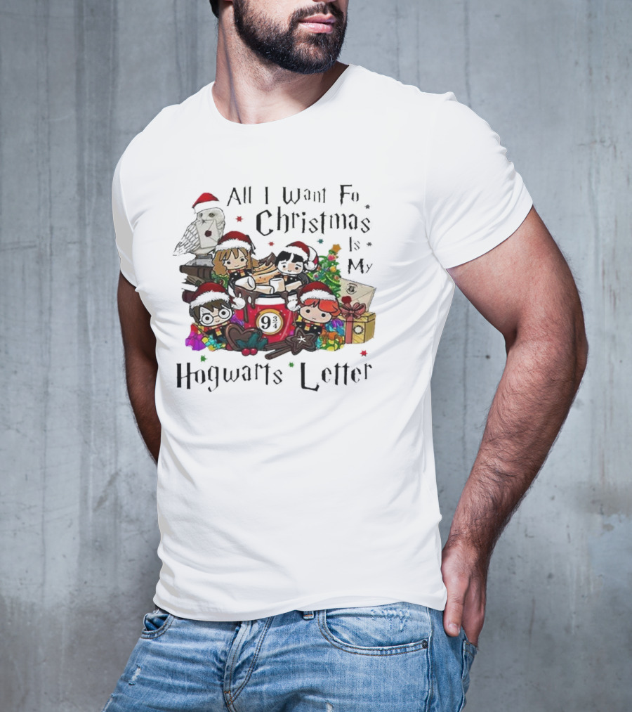 All I Want For Christmas Is My Hogwarts Letter Platform 9¾ With Owl Santa Hats And Gifts T-Shirt