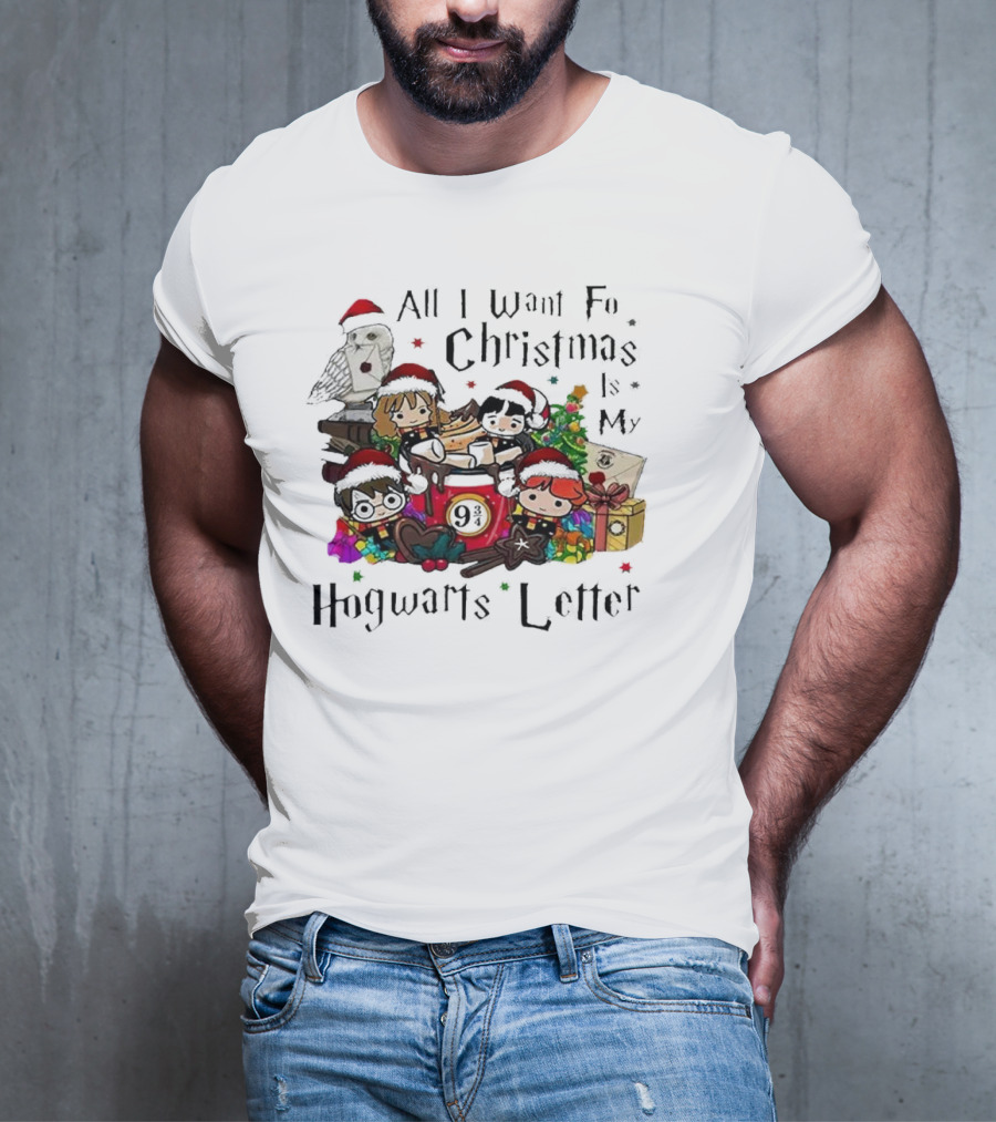 All I Want For Christmas Is My Hogwarts Letter Platform 9¾ With Owl Santa Hats And Gifts T-Shirt