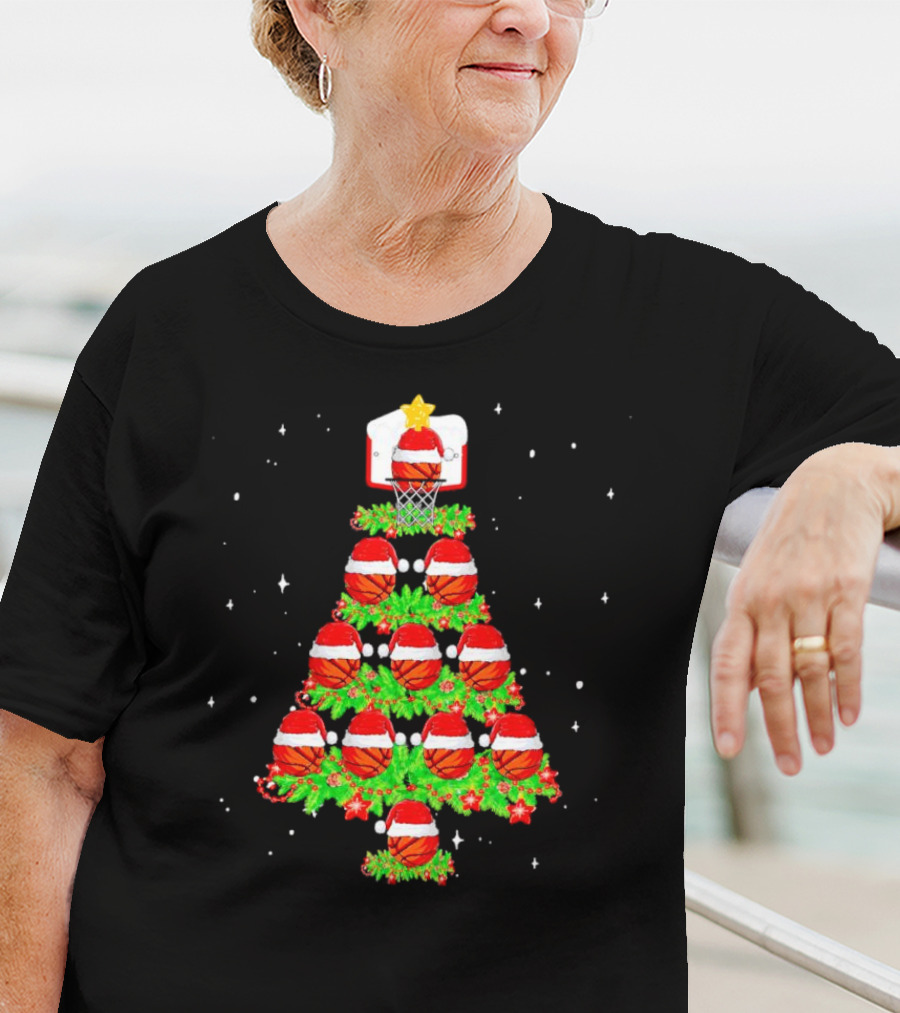 Basketball Hoops And Santa Hats Christmas Tree T-Shirt