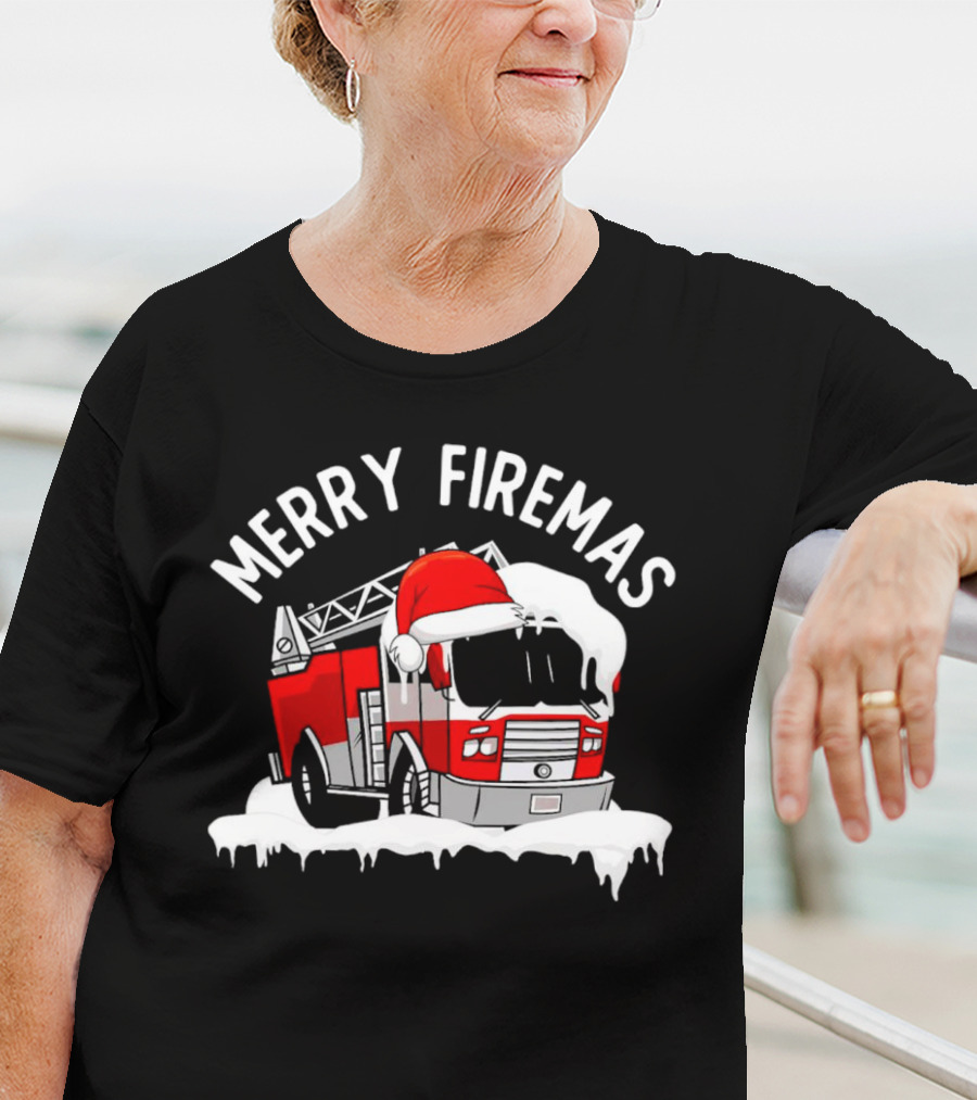 Merry Firemas Fire Truck Santa Hat Christmas T-Shirt