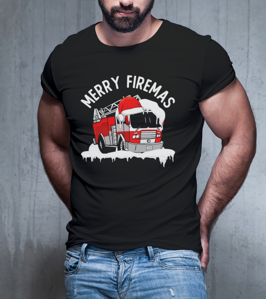 Merry Firemas Fire Truck Santa Hat Christmas T-Shirt