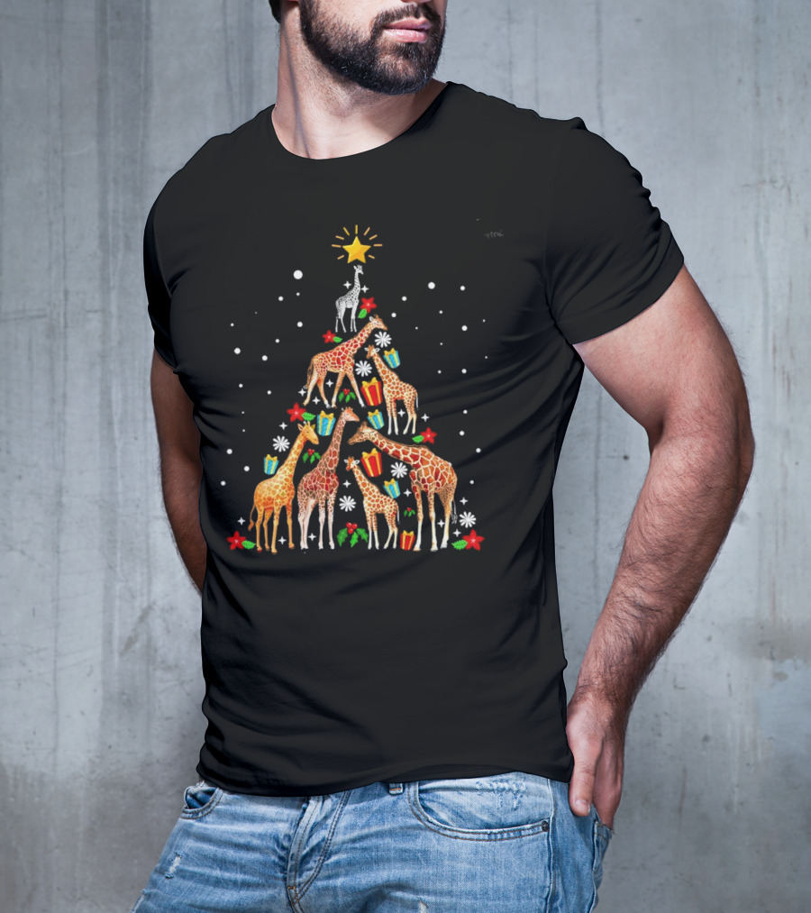 Giraffe Christmas Tree Star Presents Snowflakes T-Shirt