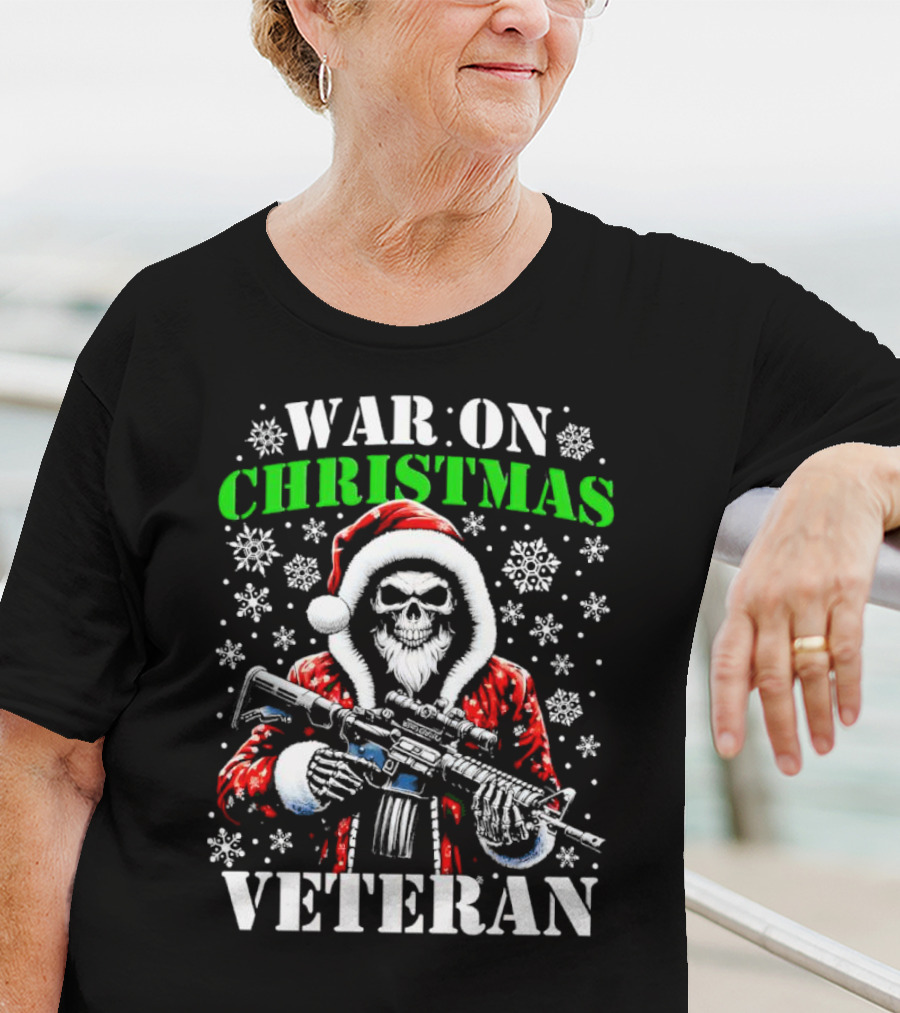 War On Christmas Veteran Skeleton Santa With Rifle Snowflakes T-Shirt
