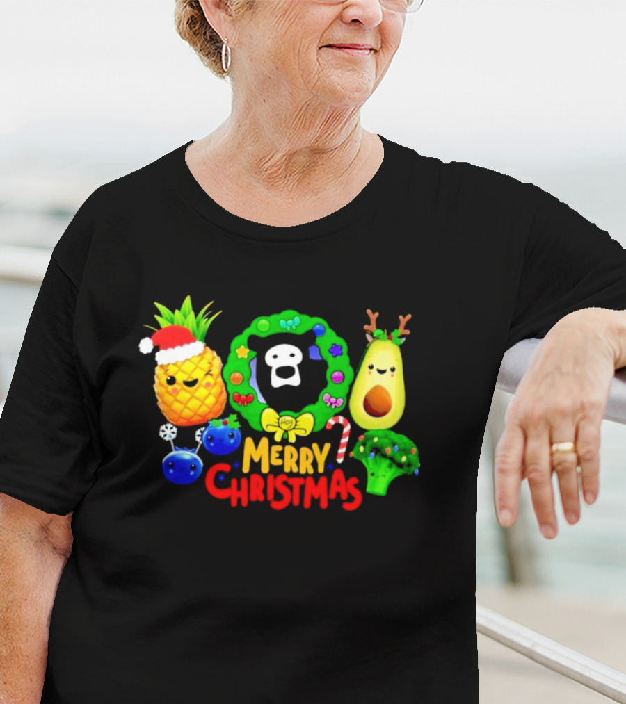 Hey Bear Sensory Merry Christmas Pineapple Avocado Broccoli Wreath T-Shirt