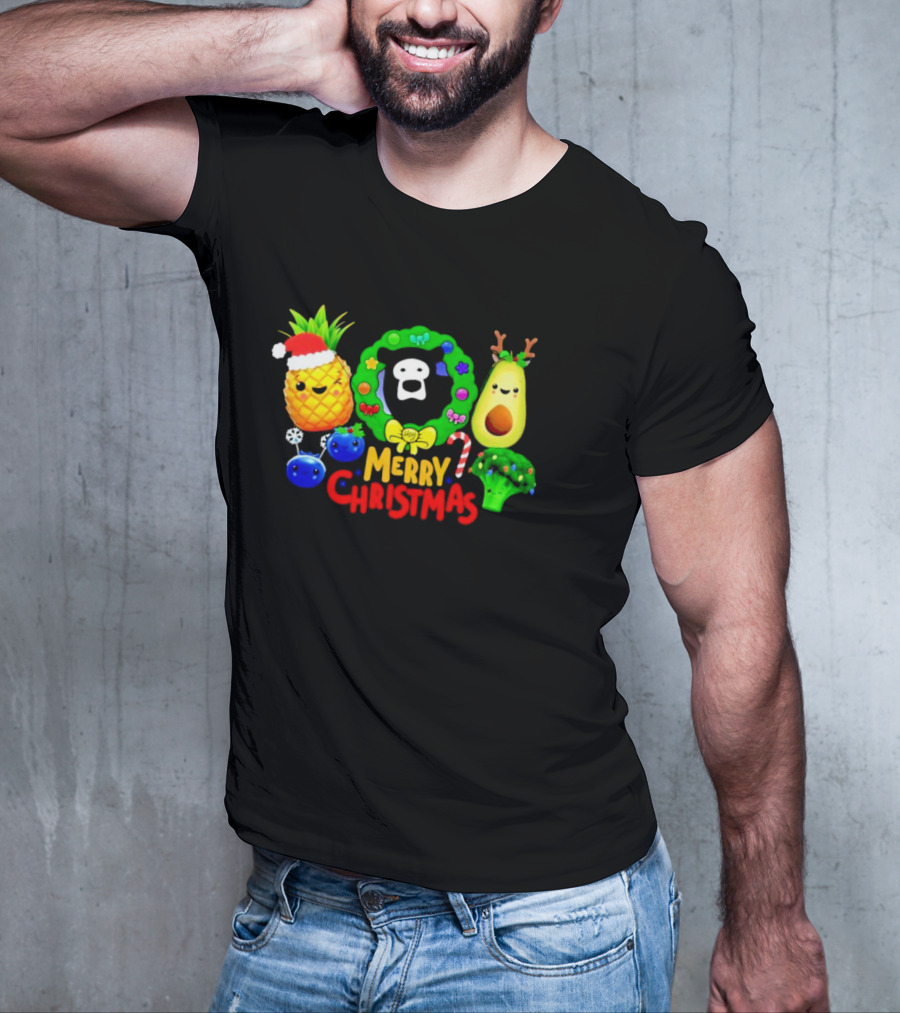 Hey Bear Sensory Merry Christmas Pineapple Avocado Broccoli Wreath T-Shirt