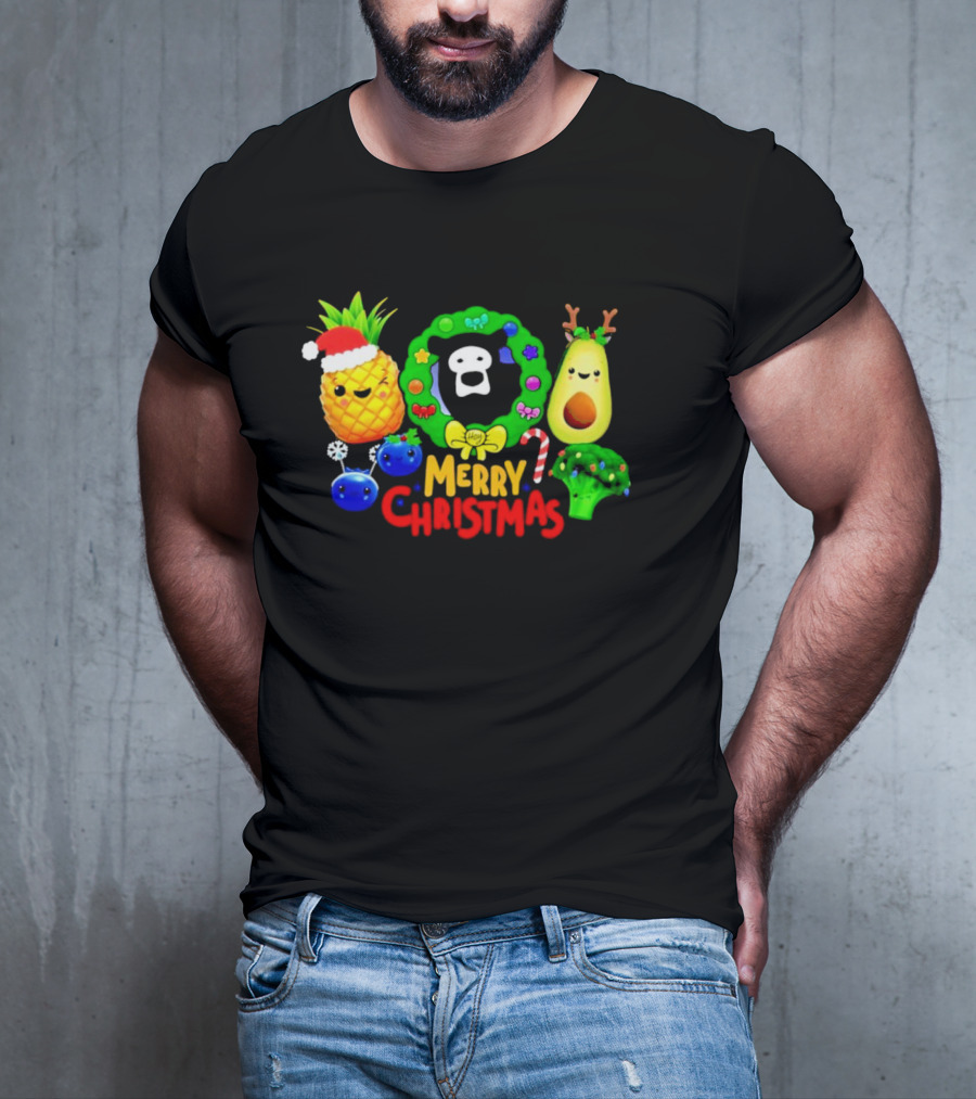 Hey Bear Sensory Merry Christmas Pineapple Avocado Broccoli Wreath T-Shirt