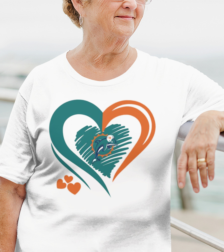 Miami Dolphins Heart Shape Emblem With Three Small Hearts T-Shirt