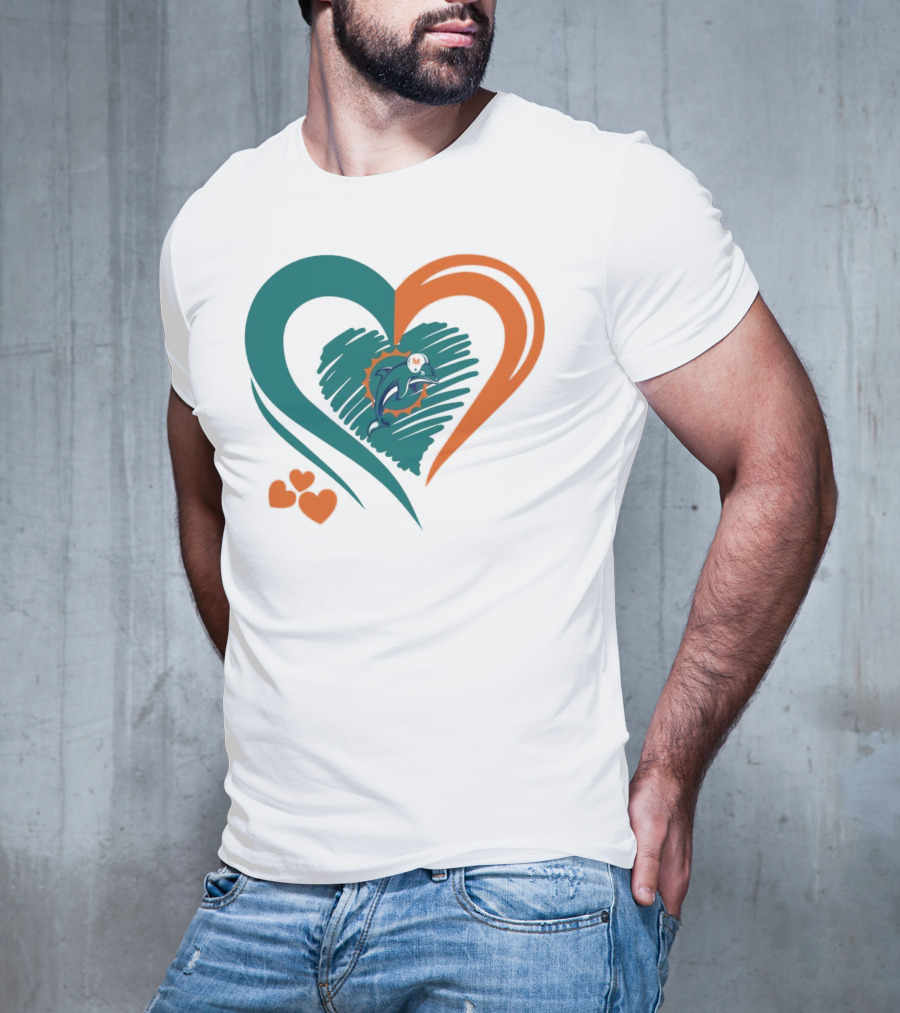 Miami Dolphins Heart Shape Emblem With Three Small Hearts T-Shirt
