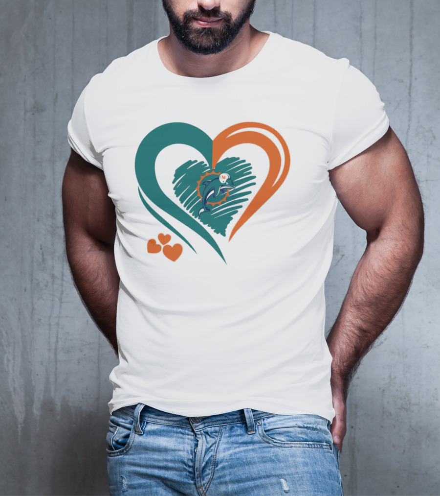 Miami Dolphins Heart Shape Emblem With Three Small Hearts T-Shirt
