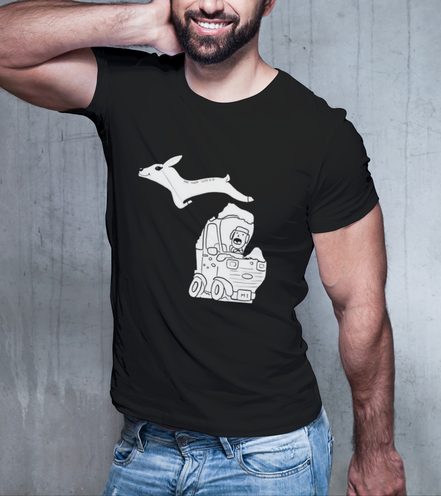 Michigan Deer Leaping Over Snowy Car With Driver T-Shirt