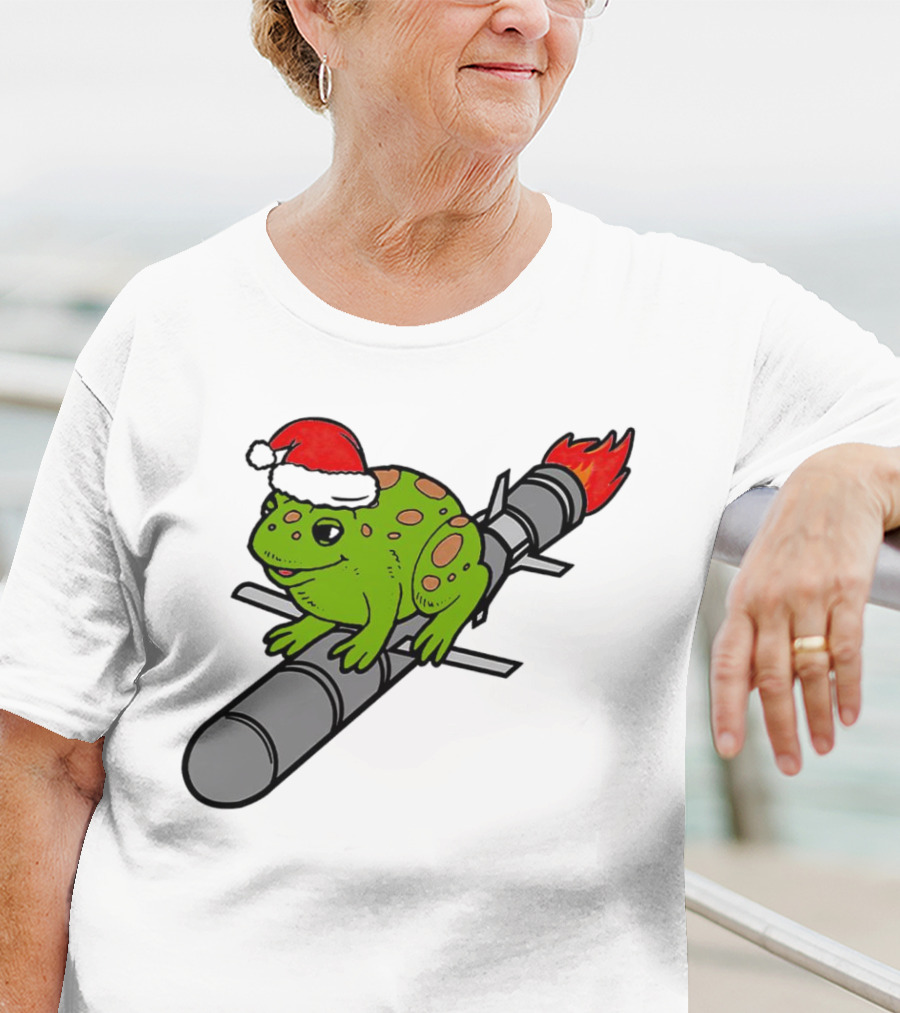 Missile Toad Christmas Frog With Santa Hat Riding A Rocket T-Shirt