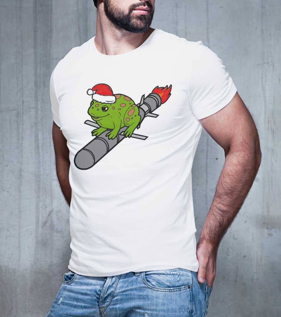 Missile Toad Christmas Frog With Santa Hat Riding A Rocket T-Shirt