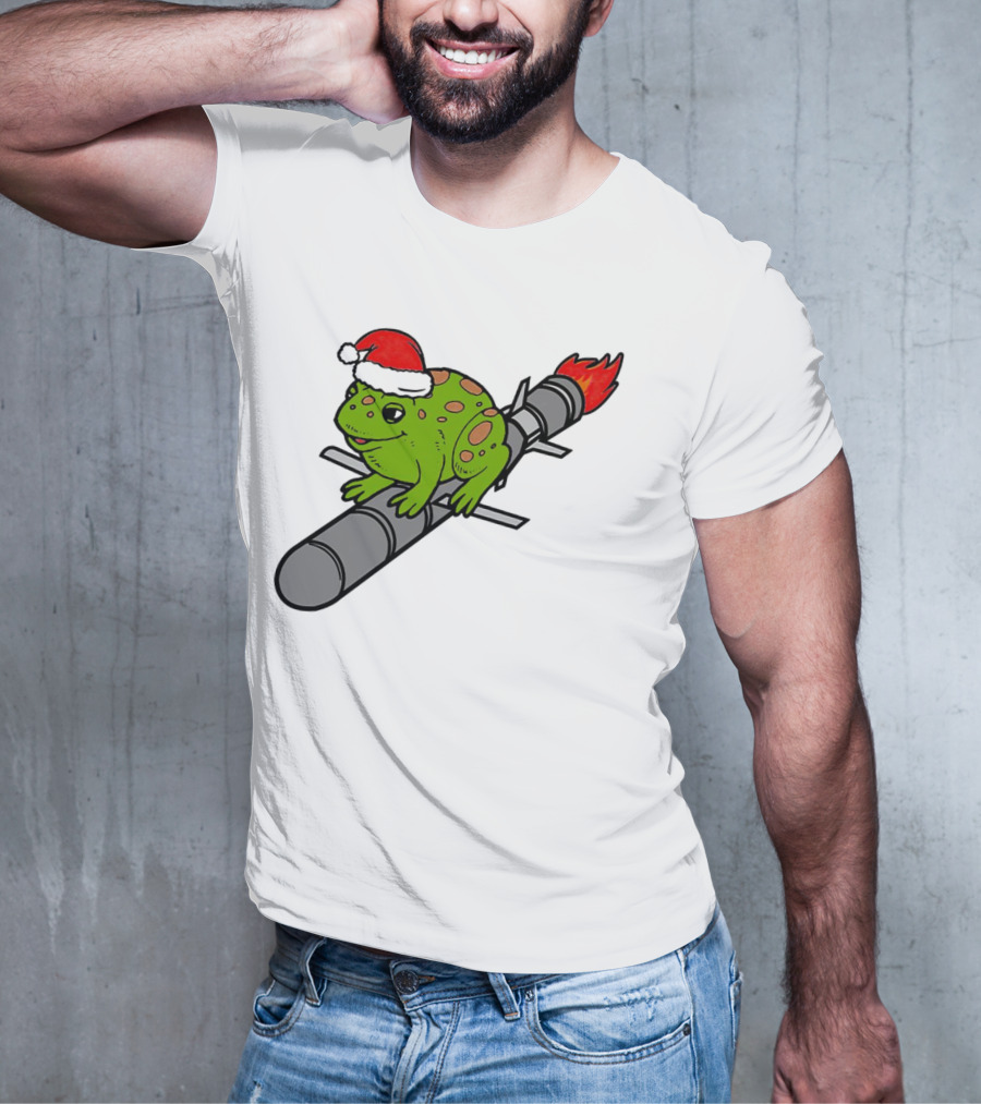 Missile Toad Christmas Frog With Santa Hat Riding A Rocket T-Shirt