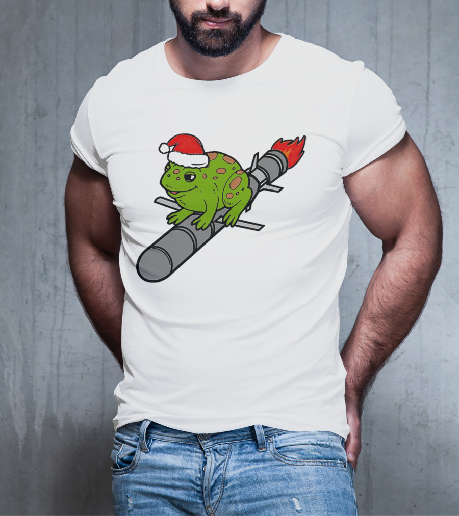 Missile Toad Christmas Frog With Santa Hat Riding A Rocket T-Shirt