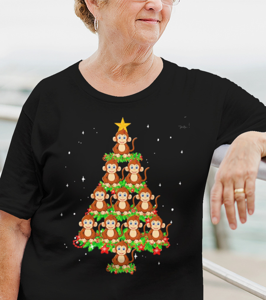 Monkey Christmas Tree Star Top Holiday Decor T-Shirt