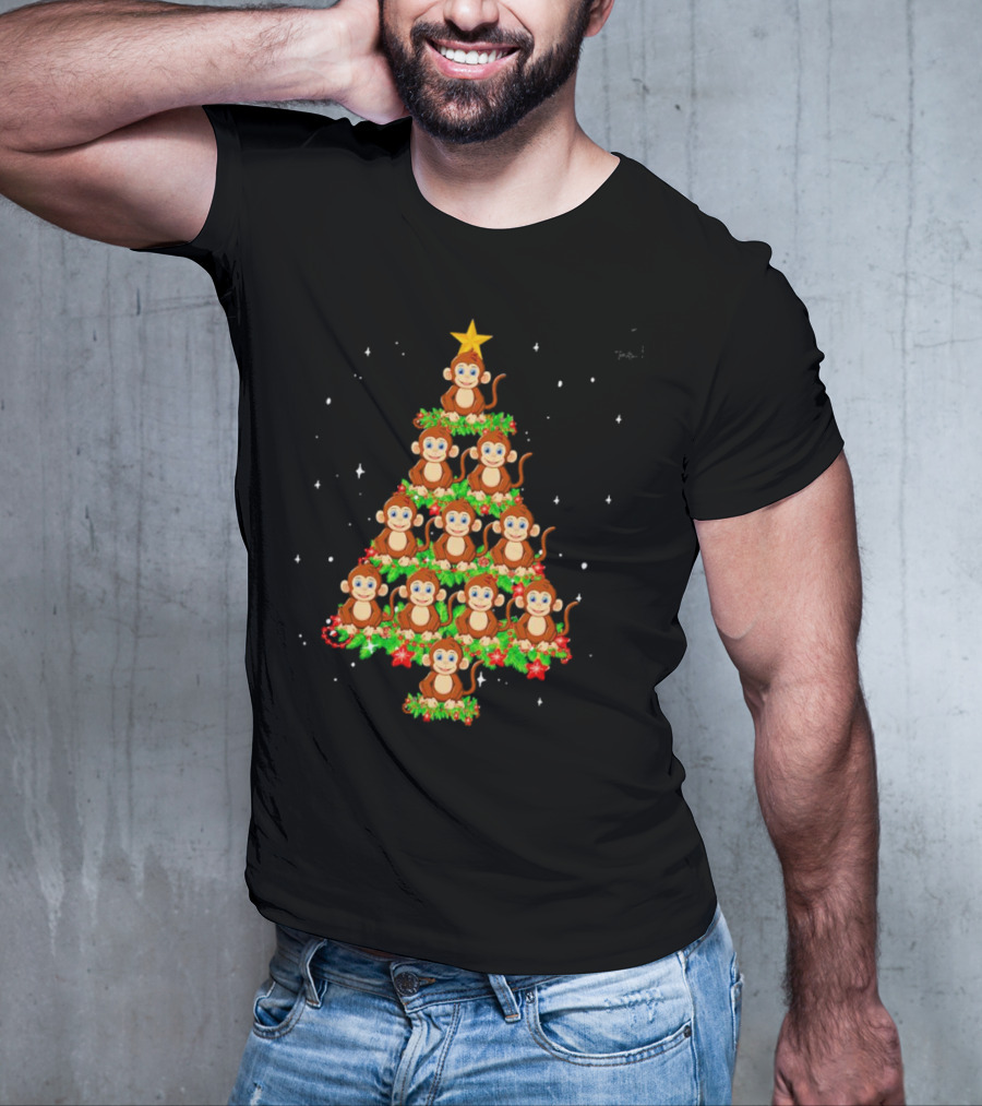 Monkey Christmas Tree Star Top Holiday Decor T-Shirt