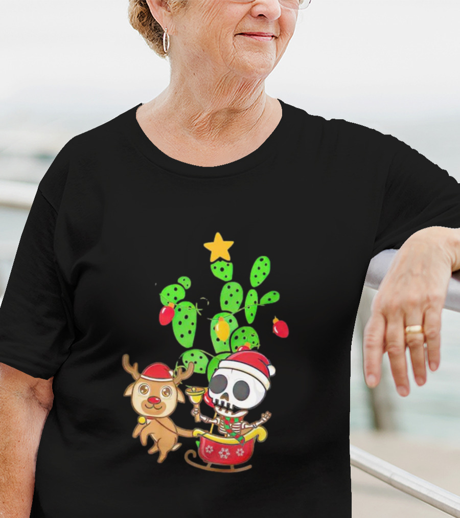Nopalito Calacas Feliz Navidad Cactus Skeleton Reindeer Christmas T-Shirt