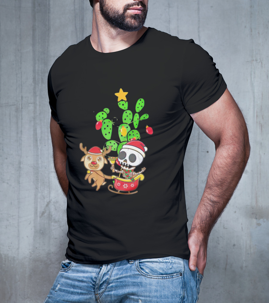 Nopalito Calacas Feliz Navidad Cactus Skeleton Reindeer Christmas T-Shirt