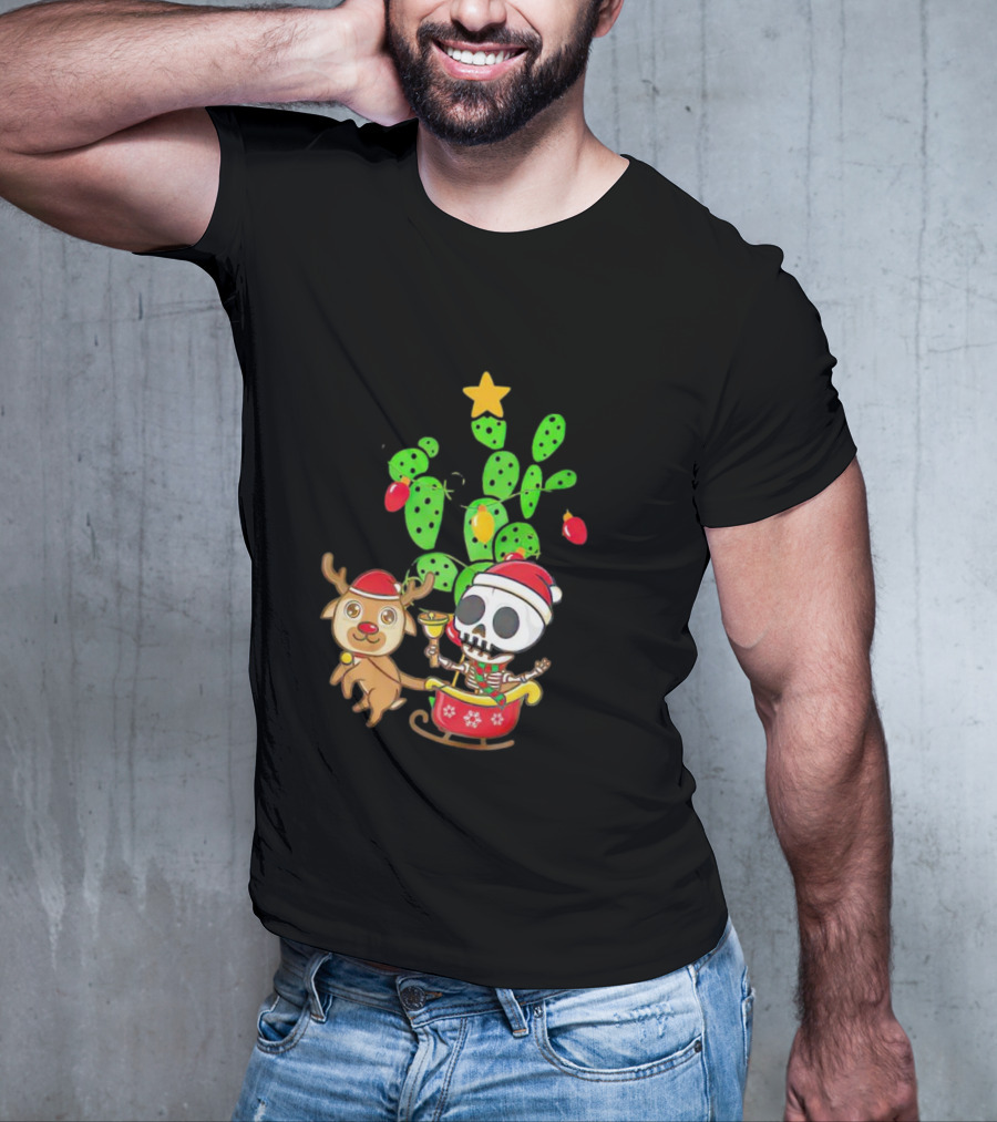 Nopalito Calacas Feliz Navidad Cactus Skeleton Reindeer Christmas T-Shirt