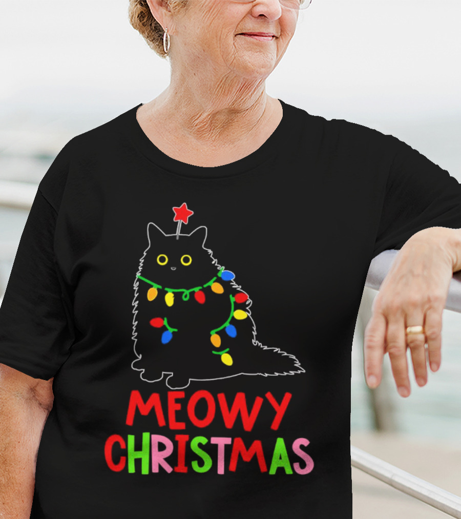 Meowy Christmas Black Cat With Lights T-Shirt