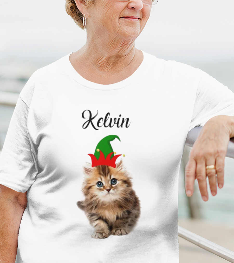 Kelvin Cat Wearing Elf Hat Merry Christmas Custom Name T-Shirt
