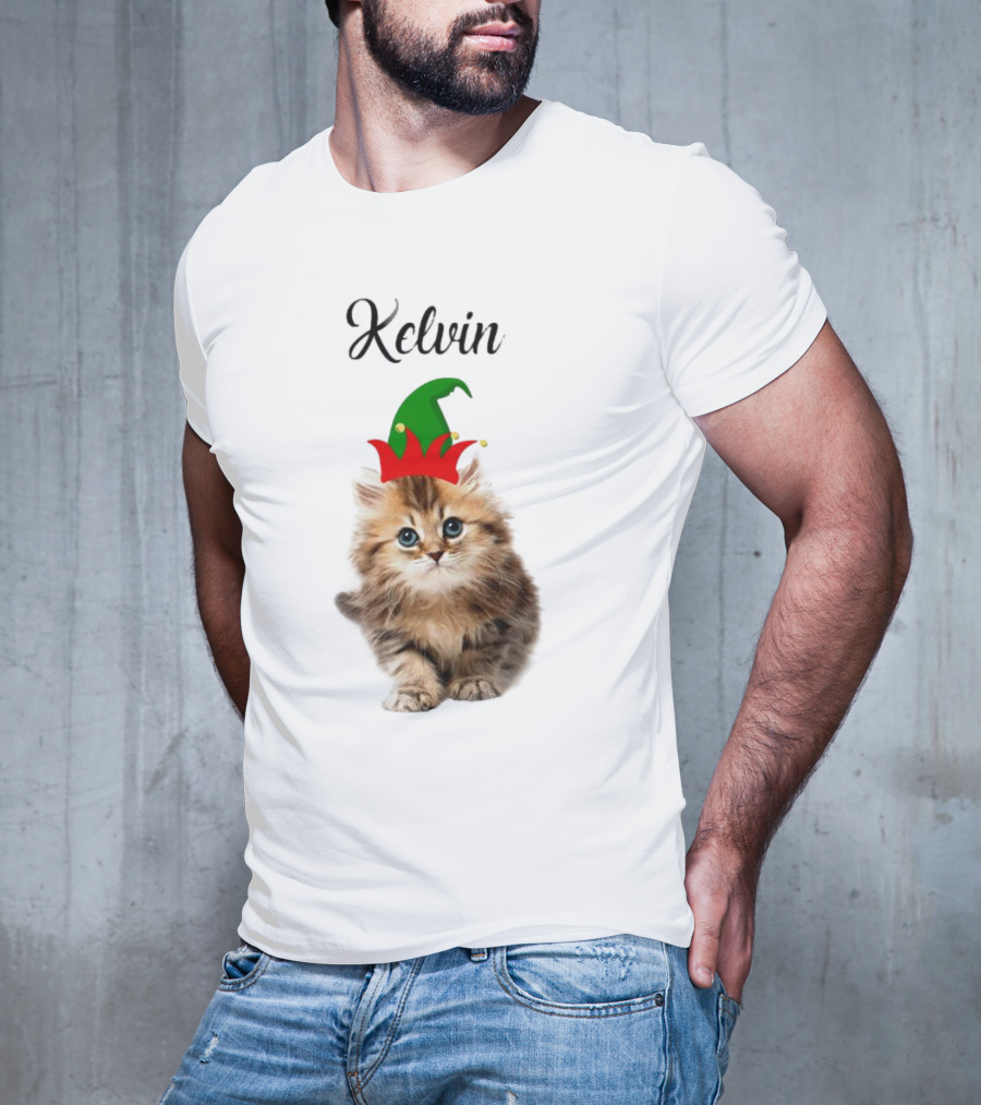 Kelvin Cat Wearing Elf Hat Merry Christmas Custom Name T-Shirt