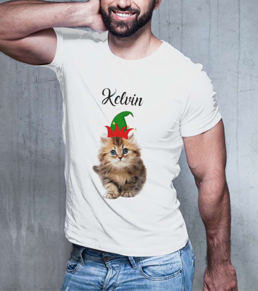 Kelvin Cat Wearing Elf Hat Merry Christmas Custom Name T-Shirt