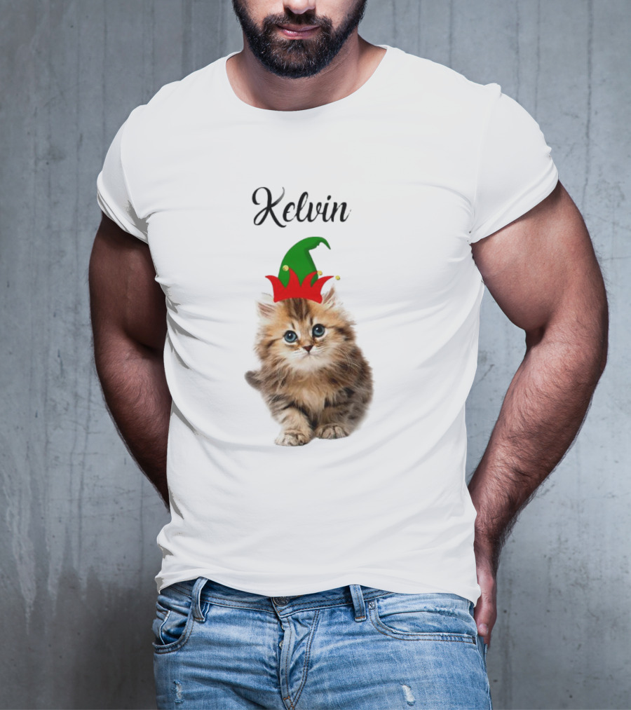 Kelvin Cat Wearing Elf Hat Merry Christmas Custom Name T-Shirt
