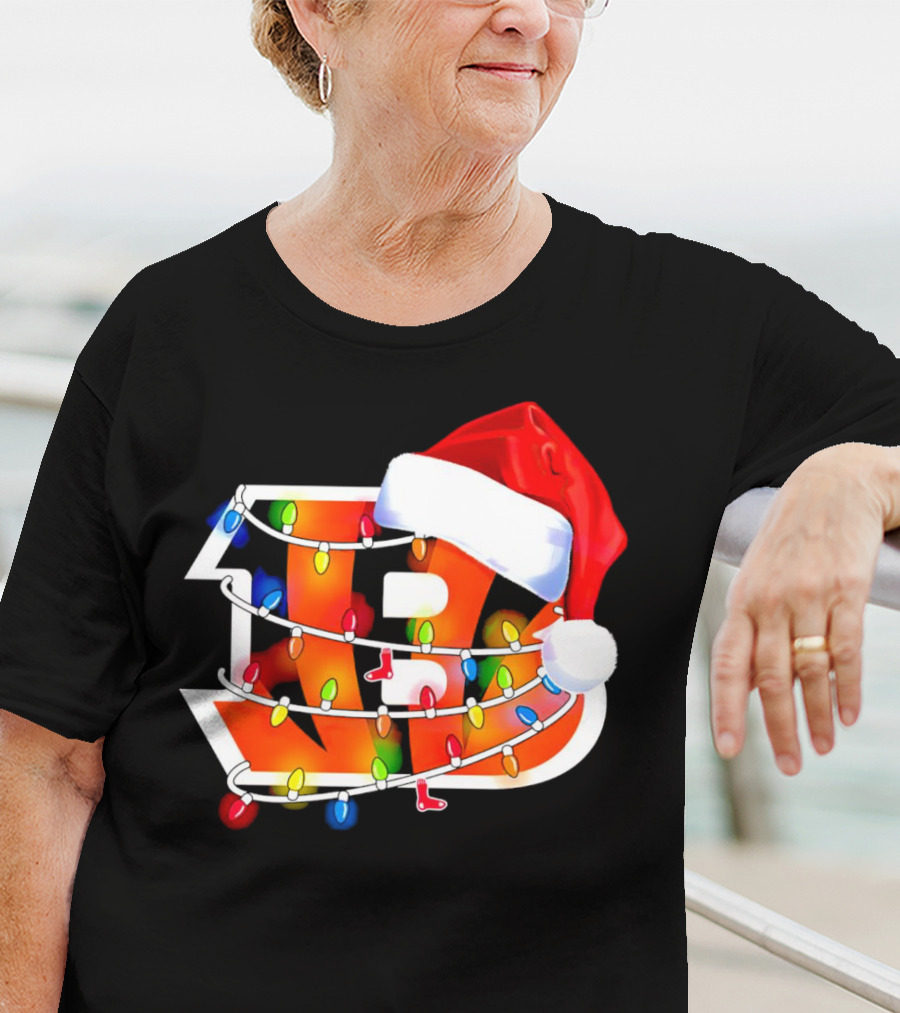 Cincinnati Bengals Christmas Lights Santa Hat Logo Holiday Football T-Shirt