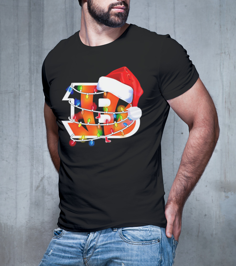 Cincinnati Bengals Christmas Lights Santa Hat Logo Holiday Football T-Shirt