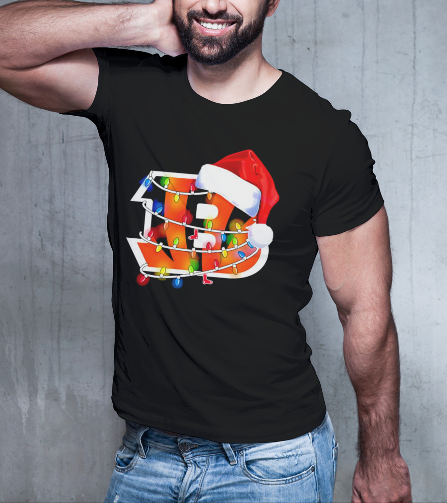 Cincinnati Bengals Christmas Lights Santa Hat Logo Holiday Football T-Shirt