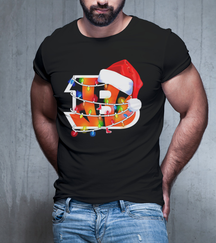 Cincinnati Bengals Christmas Lights Santa Hat Logo Holiday Football T-Shirt