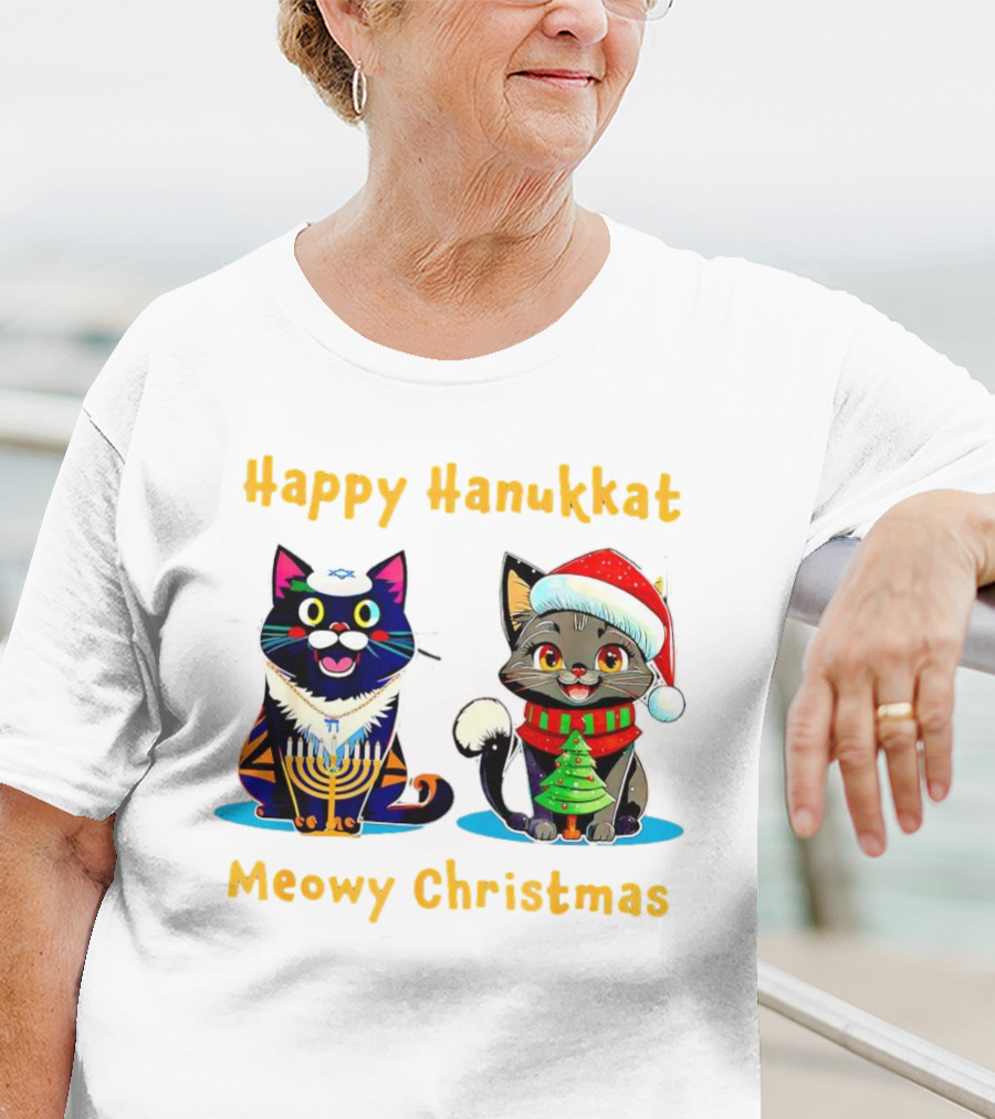 Happy Hanukkat Meowy Christmas Cats In Festive Holiday Attire T-Shirt