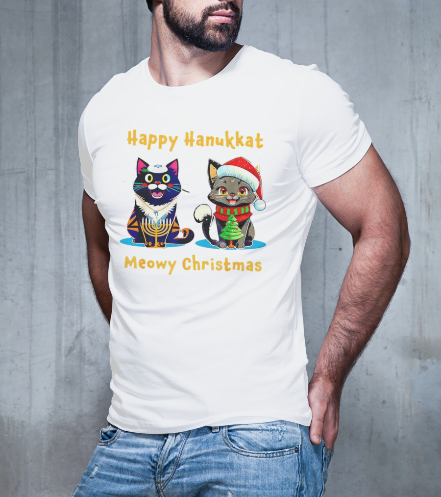 Happy Hanukkat Meowy Christmas Cats In Festive Holiday Attire T-Shirt