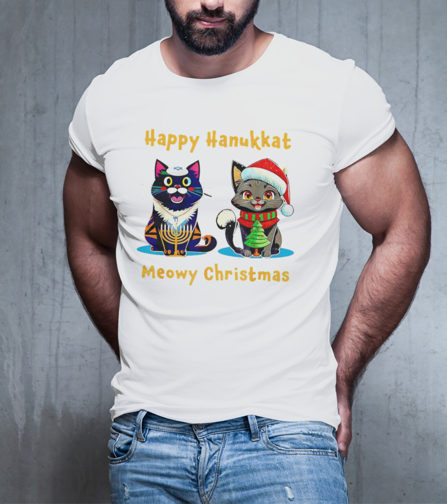 Happy Hanukkat Meowy Christmas Cats In Festive Holiday Attire T-Shirt