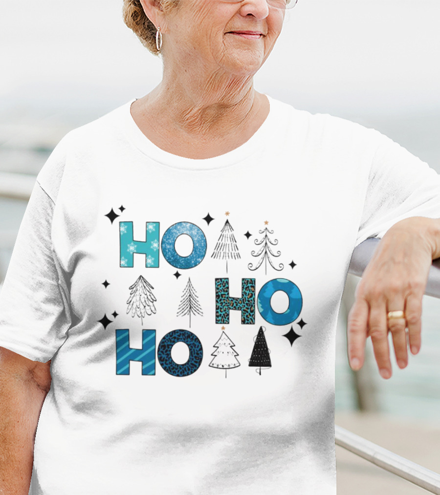 Hohoho Christmas Blue Patterns With Trees And Stars T-Shirt