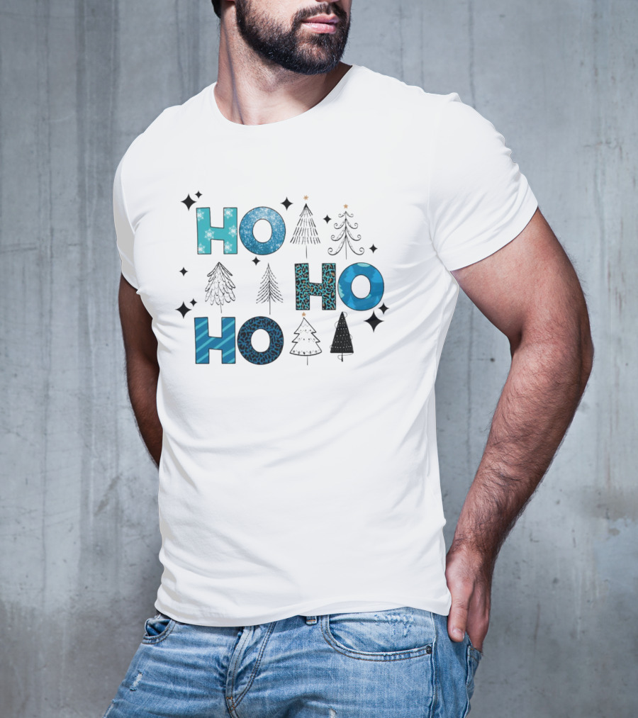Hohoho Christmas Blue Patterns With Trees And Stars T-Shirt