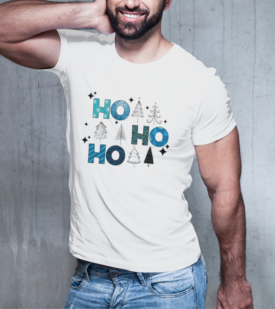 Hohoho Christmas Blue Patterns With Trees And Stars T-Shirt