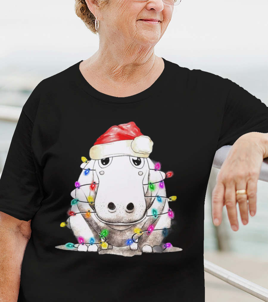Santa Hippo Wrapped In Christmas Lights With Santa Hat T-Shirt