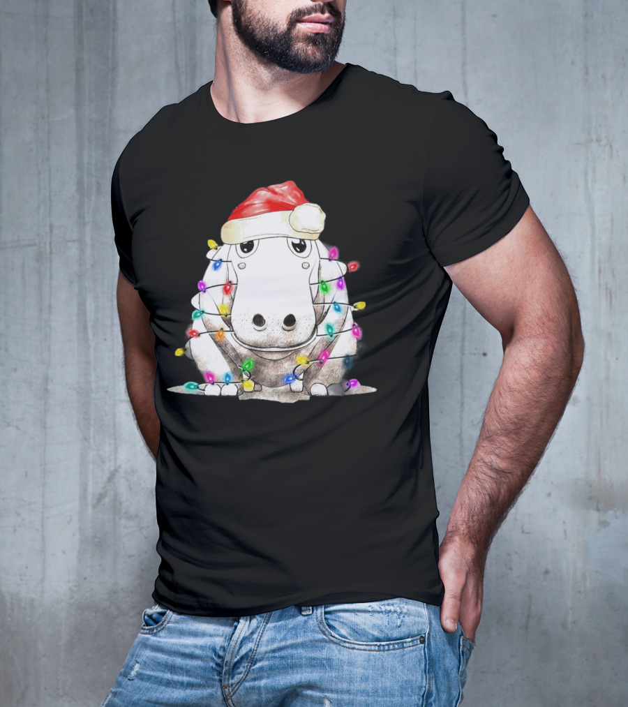 Santa Hippo Wrapped In Christmas Lights With Santa Hat T-Shirt