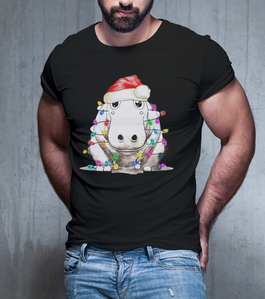 Santa Hippo Wrapped In Christmas Lights With Santa Hat T-Shirt