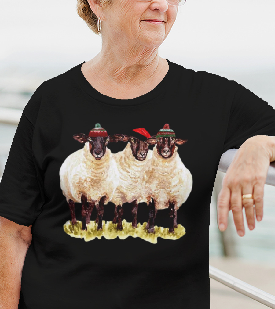 Merry Christmas Santa Sheep Trio With Festive Hats T-Shirt