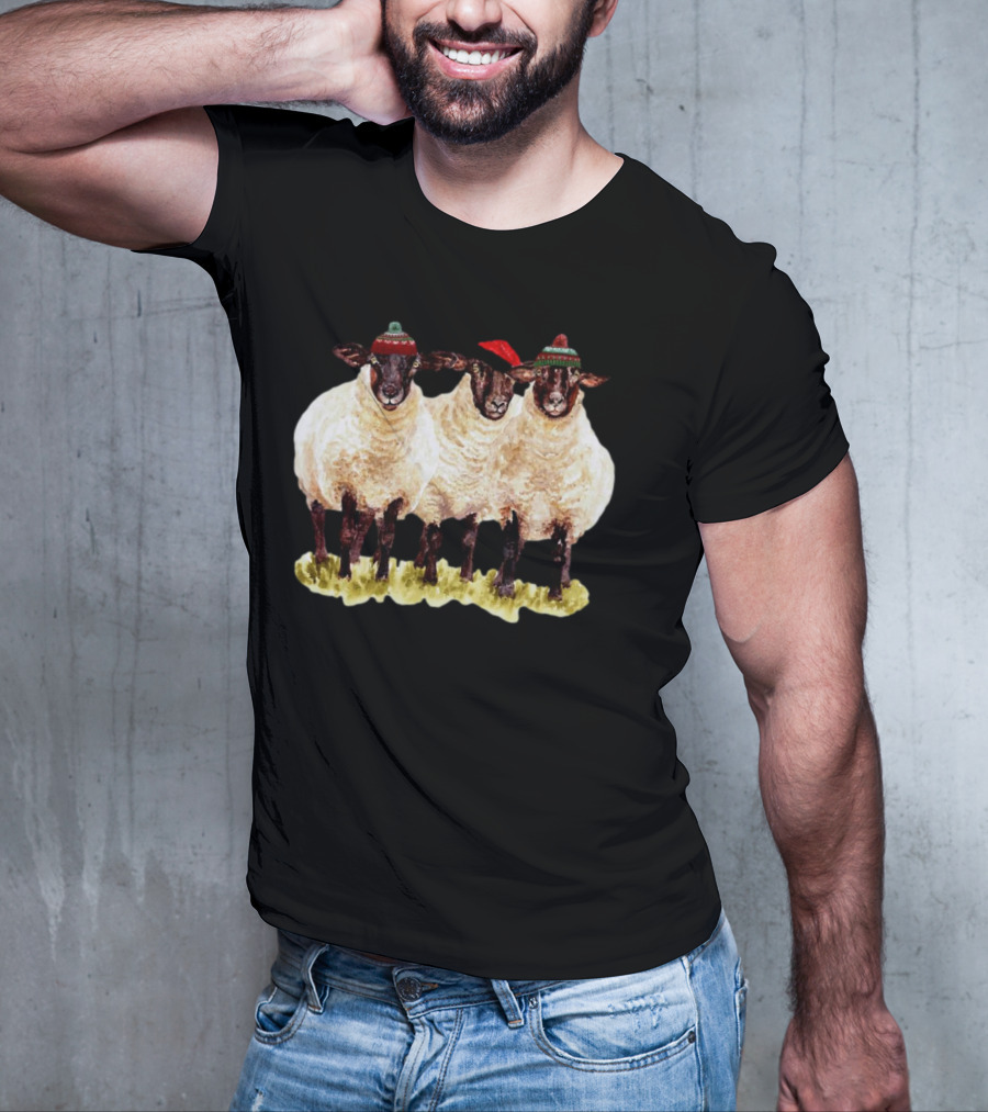 Merry Christmas Santa Sheep Trio With Festive Hats T-Shirt