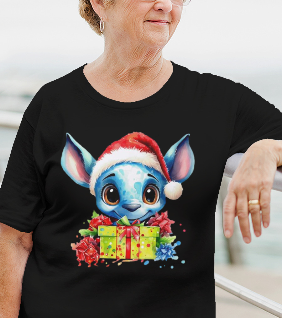 Santa Stitch Holiday Cheer With Christmas Present And Santa Hat T-Shirt