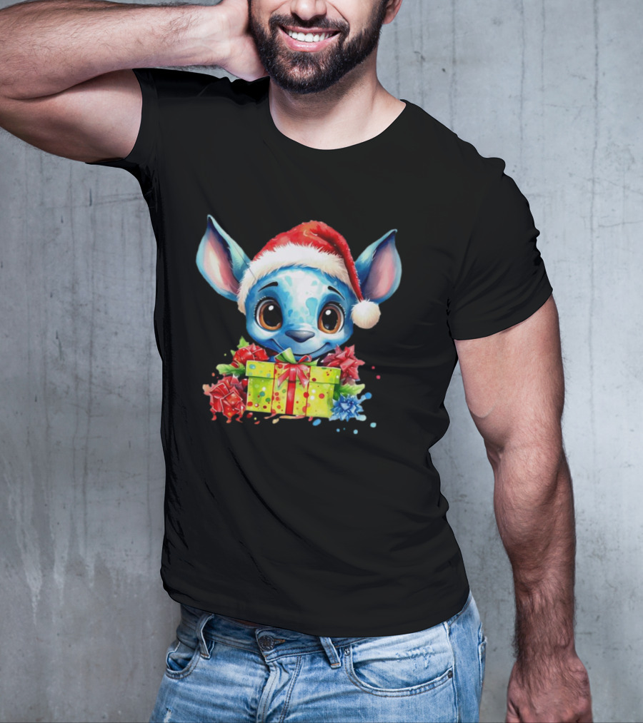 Santa Stitch Holiday Cheer With Christmas Present And Santa Hat T-Shirt
