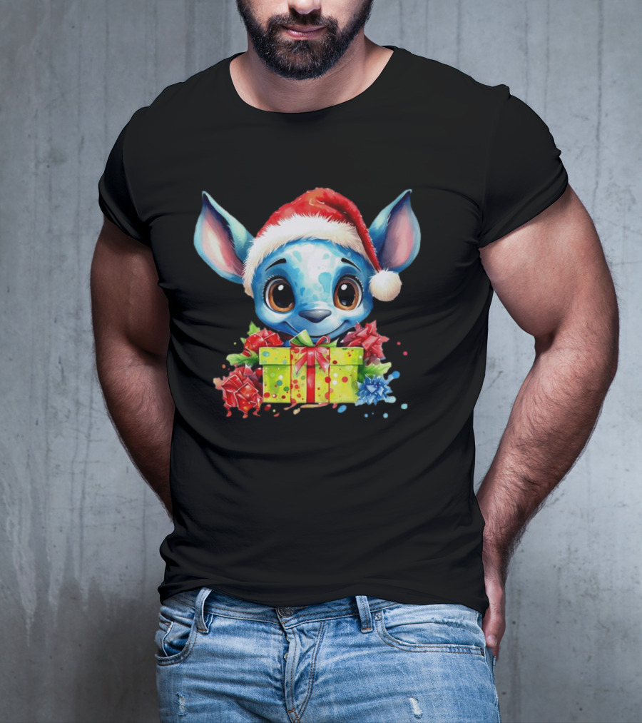 Santa Stitch Holiday Cheer With Christmas Present And Santa Hat T-Shirt