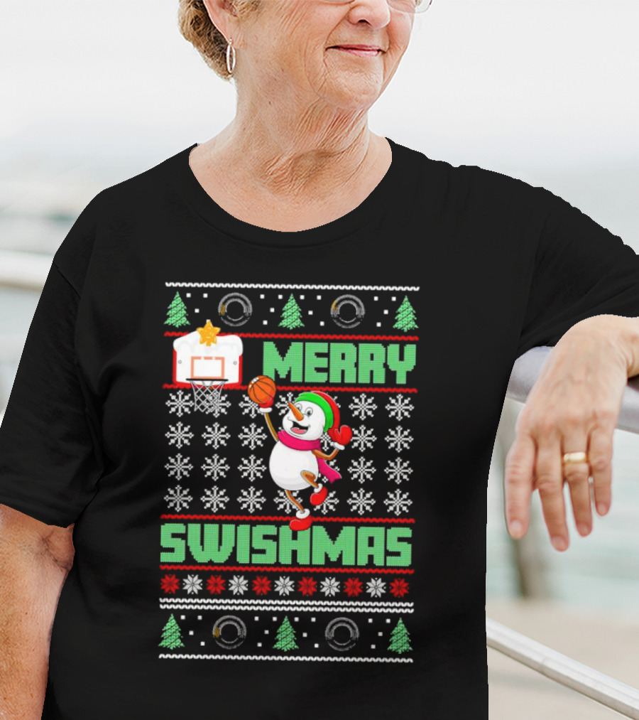 Merry Swishmas Snowman Playing Basketball Holiday T-Shirt