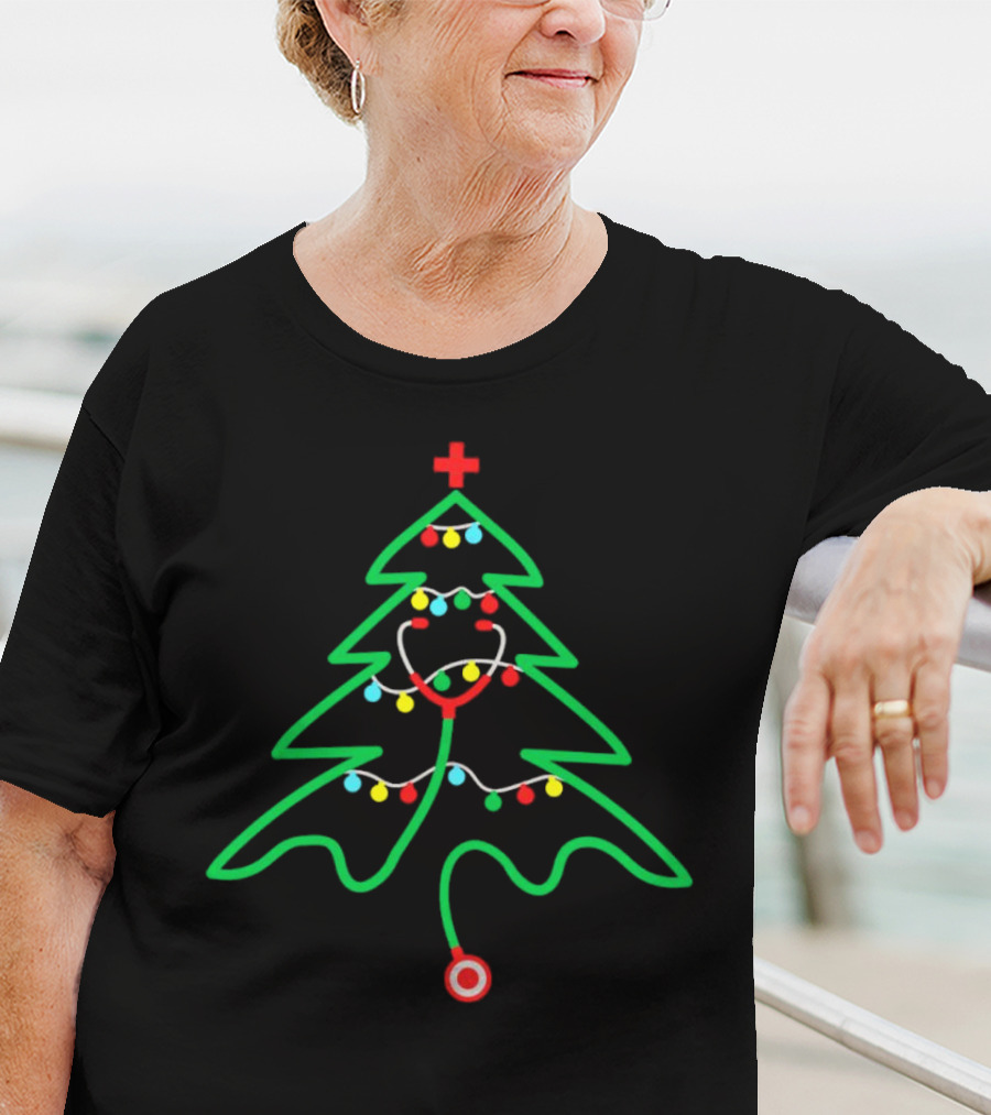 Stethoscope Shaped Christmas Tree With Holiday Lights T-Shirt
