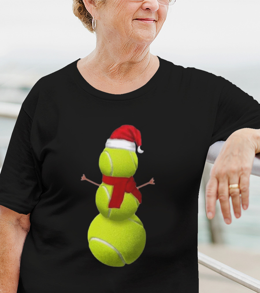 Tennis Ball Snowman With Santa Hat And Scarf Merry Christmas T-Shirt