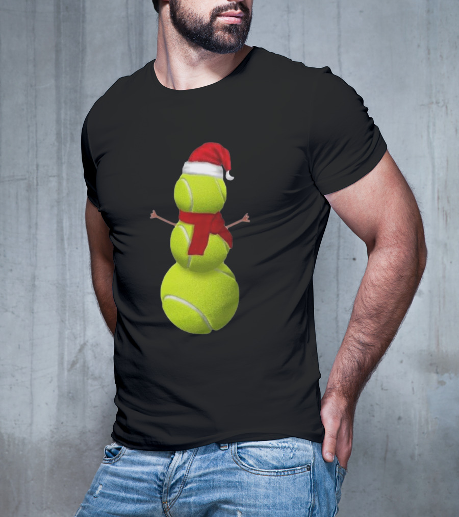 Tennis Ball Snowman With Santa Hat And Scarf Merry Christmas T-Shirt